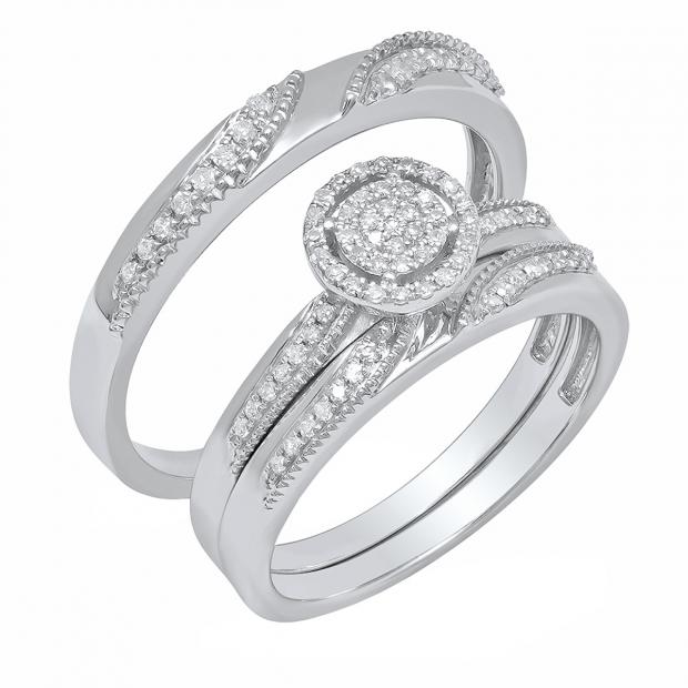 0.30 Carat (ctw) Sterling Silver Round Diamond Men & Women Engagement Ring Trio Set 1/4 CT