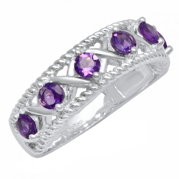 Sterling Silver Round Amethyst Bridal Engagement Ring