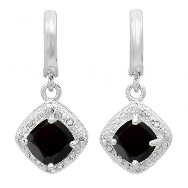 Sterling Silver Cushion Black Sapphire & Round White Diamond Ladies Dangling Drop Earrings