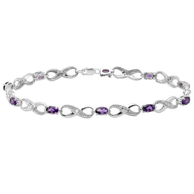 Sterling Silver 7X5 MM Each Oval Amethyst & Round White Diamond Ladies Infinity Link Tennis Bracelet