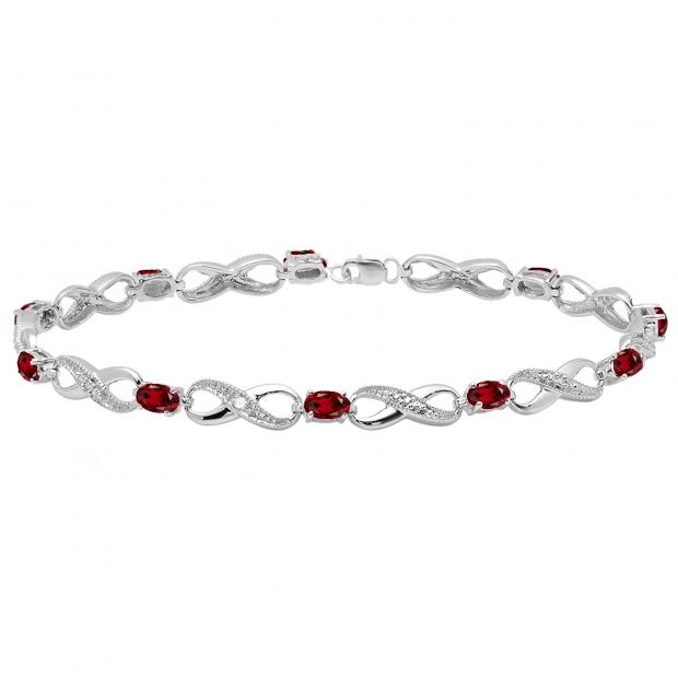 Sterling Silver 5X3 MM Each Oval Garnet & Round White Diamond Ladies Infinity Link Tennis Bracelet