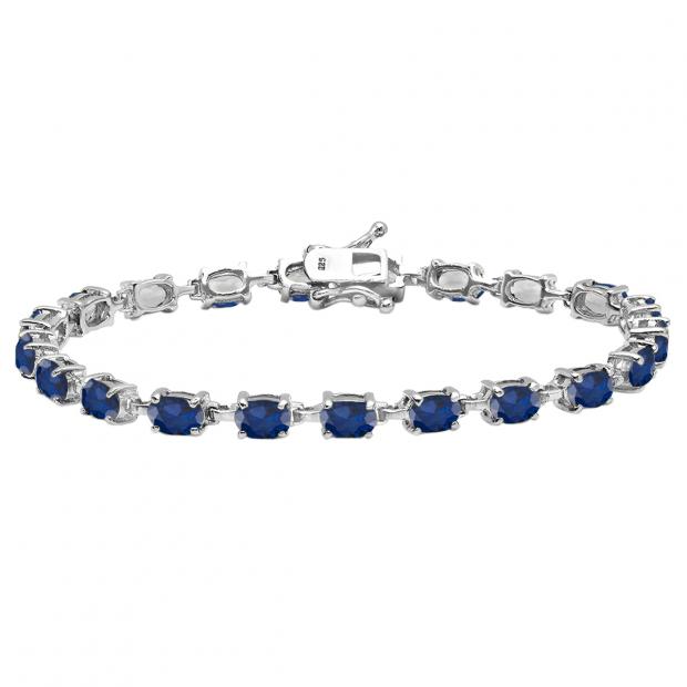 Sterling Silver 6X4 MM Each Oval Blue Sapphire Ladies Tennis Bracelet