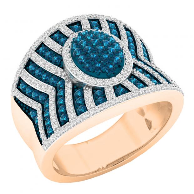1.60 Carat (ctw) 10K Rose Gold Round White & Blue Diamond Ladies Bridal Fashion Right Hand Ring
