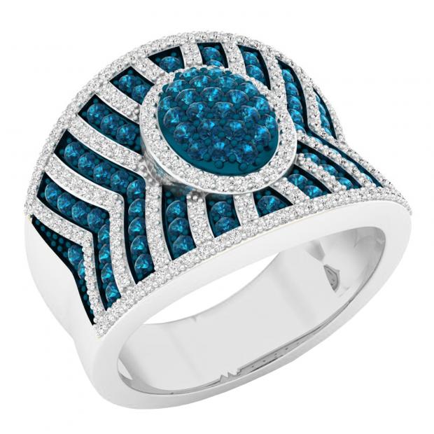 1.60 Carat (ctw) 10K White Gold Round White & Blue Diamond Ladies Bridal Fashion Right Hand Ring