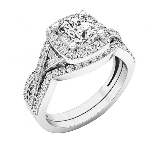 10K White Gold Cushion & Round White Cubic Zirconia CZ Ladies Bridal Engagement Ring Set