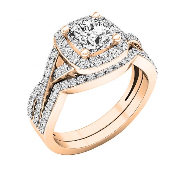 14K Rose Gold Cushion & Round White Cubic Zirconia CZ Ladies Bridal Engagement Ring Set