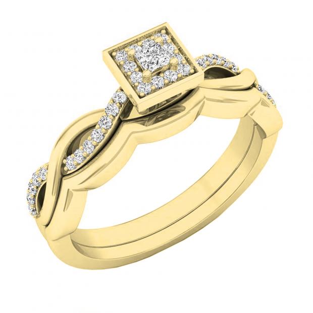 0.20 Carat (ctw) 10K Yellow Gold Princess & Round Diamond Ladies Bridal Engagement Ring Set 1/5 CT