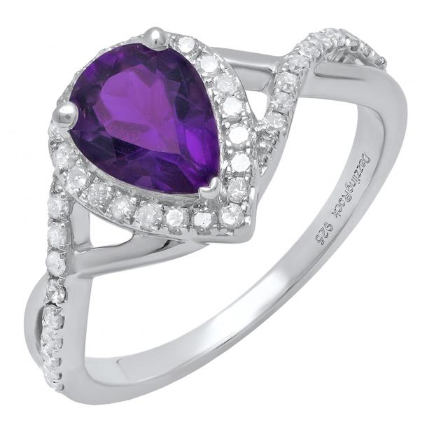 Sterling Silver 8X6 MM Pear Amethyst & Round White Diamond Ladies Engagement Ring