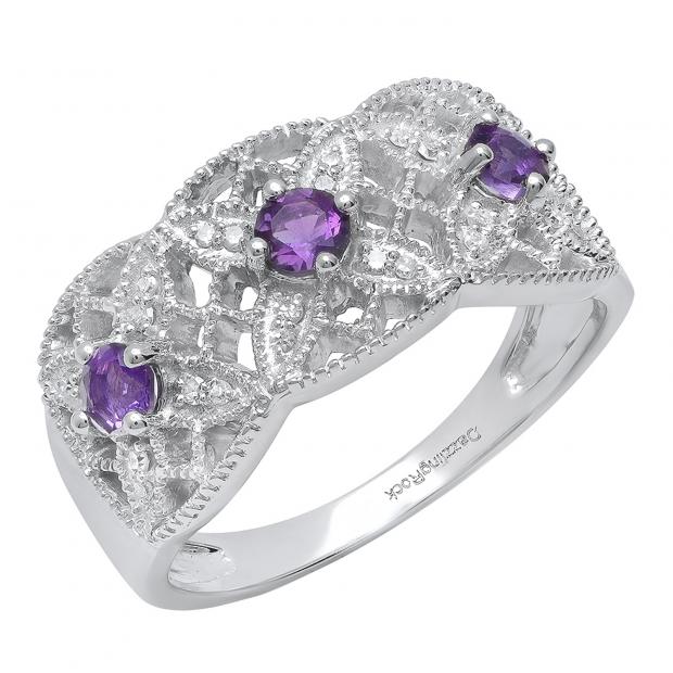 14K White Gold Round Amethyst & White Diamond Ladies Bridal Engagement Ring