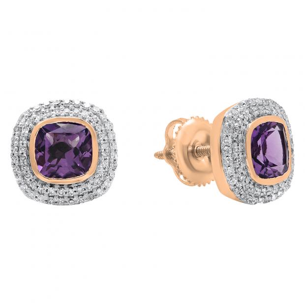 10K Rose Gold 5 MM Cushion Amethyst & Round Diamond Ladies Stud Earrings