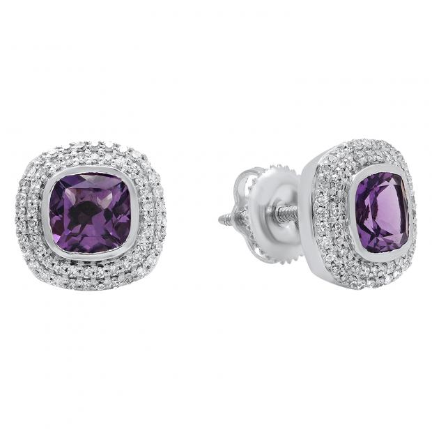 10K White Gold 5 MM Cushion Amethyst & Round Diamond Ladies Stud Earrings