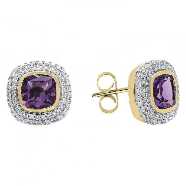 14K Yellow Gold 5 MM Cushion Amethyst & Round Diamond Ladies Stud Earrings