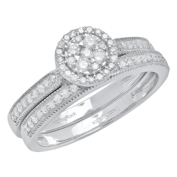 0.45 Carat (ctw) 10K White Gold Round White Diamond Ladies Cluster Bridal Engagement Ring Set 1/2 CT