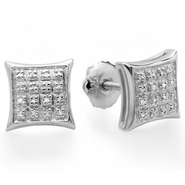 0.12 Carat (ctw) Platinum Plated Sterling Silver Diamond Kite Shape Mens Hip Hop Iced Stud Earrings