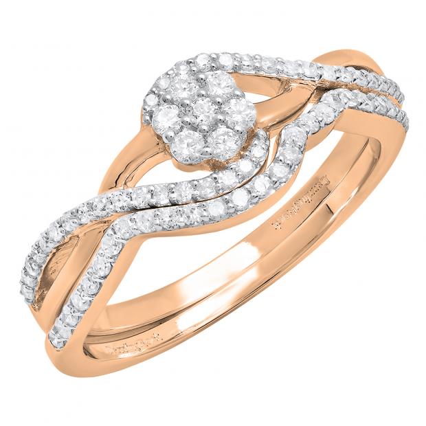 0.45 Carat (ctw) 10K Rose Gold Round Diamond Ladies Swirl Cluster Engagement Ring Set 1/2 CT