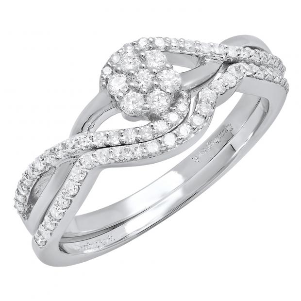 0.45 Carat (ctw) 10K White Gold Round Diamond Ladies Swirl Cluster Engagement Ring Set 1/2 CT