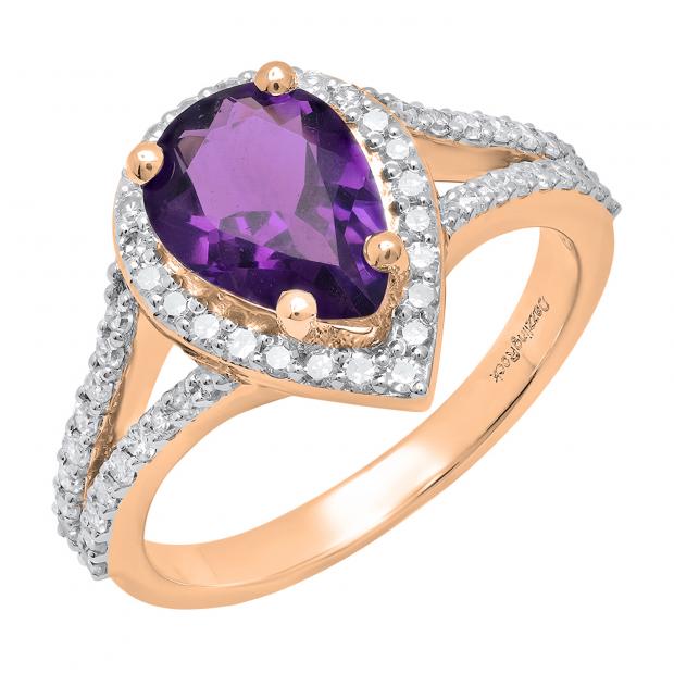 10K Rose Gold 10X7 MM Pear Amethyst And Round Diamond Ladies Split Shank Engagement Ring