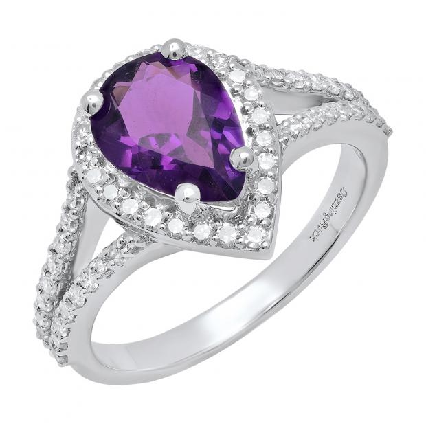 14K White Gold 10X7 MM Pear Amethyst And Round Diamond Ladies Split Shank Engagement Ring