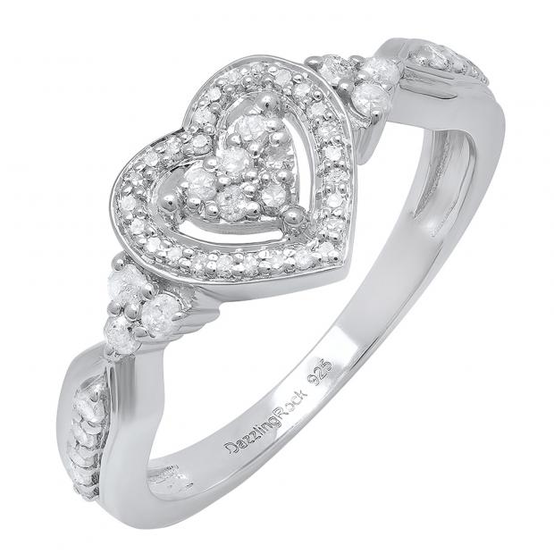 0.35 Carat (ctw) Sterling Silver Round White Diamond Ladies Heart Shaped Engagement Ring 1/3 CT