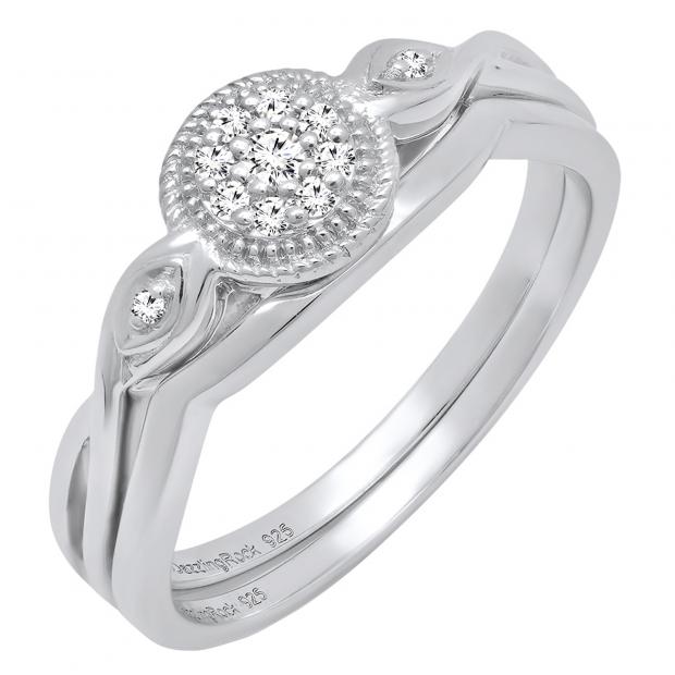 0.10 Carat (ctw) Sterling Silver Round Diamond Ladies Bridal Vintage Engagement Ring Set 1/10 CT