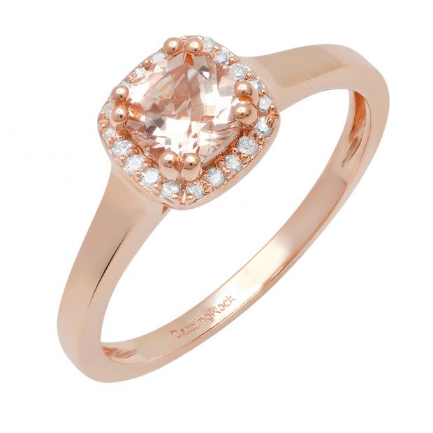 10K Rose Gold 5 MM Cushion Morganite & Round White Diamond Ladies Bridal Engagement Ring