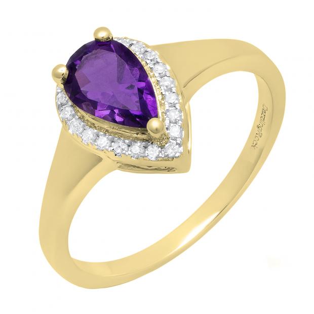 14K Yellow Gold 8X5 MM Pear Amethyst & Round White Diamond Ladies Bridal Engagement Ring