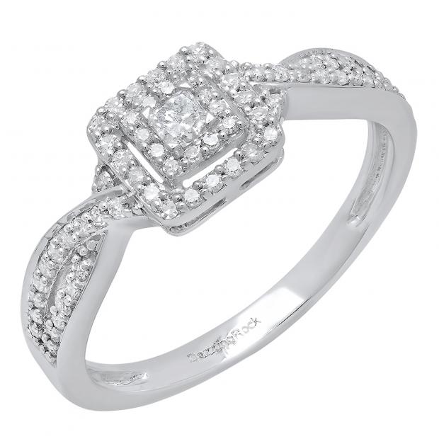 0.35 Carat (ctw) 10K White Gold Princess & Round Diamond Ladies Bridal Engagement Ring 1/3 CT