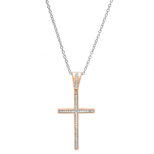 0.20 Carat (ctw) 14K Rose Gold Round Diamond Ladies Cross Pendant 1/5 CT (Silver Chain Included)