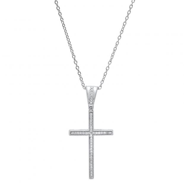 0.20 Carat (ctw) 14K White Gold Round Diamond Ladies Cross Pendant 1/5 CT (Silver Chain Included)