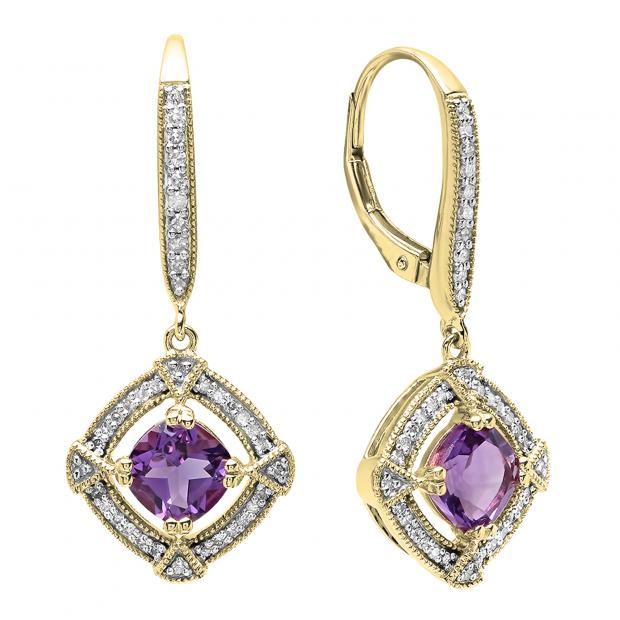 10K Yellow Gold 6 MM Cushion Amethyst & Round Diamond Ladies Dangling Drop Earrings
