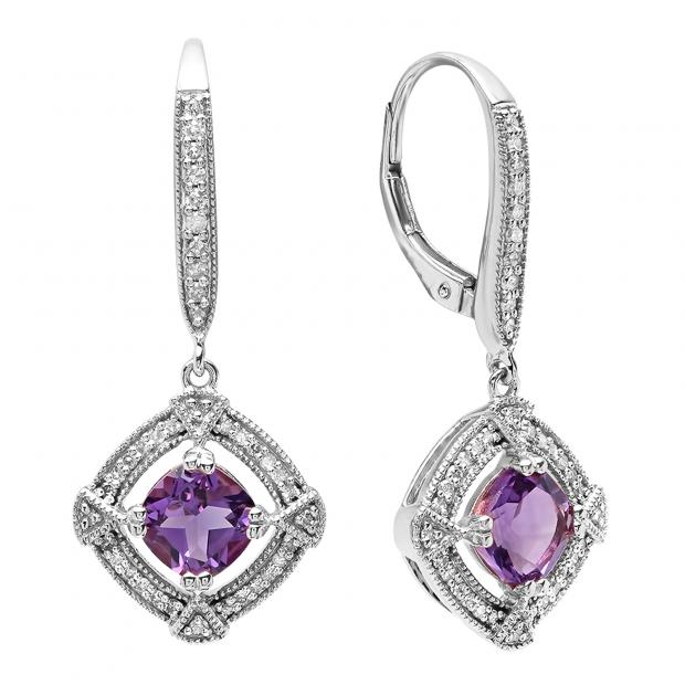 14K White Gold 6 MM Cushion Amethyst & Round Diamond Ladies Dangling Drop Earrings