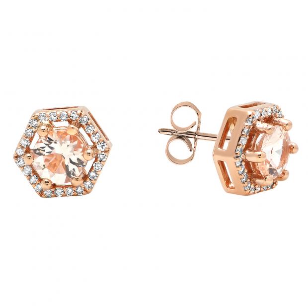 18K Rose Gold 5 MM Round Morganite & Diamond Ladies Fashion Hexagon Stud Earrings