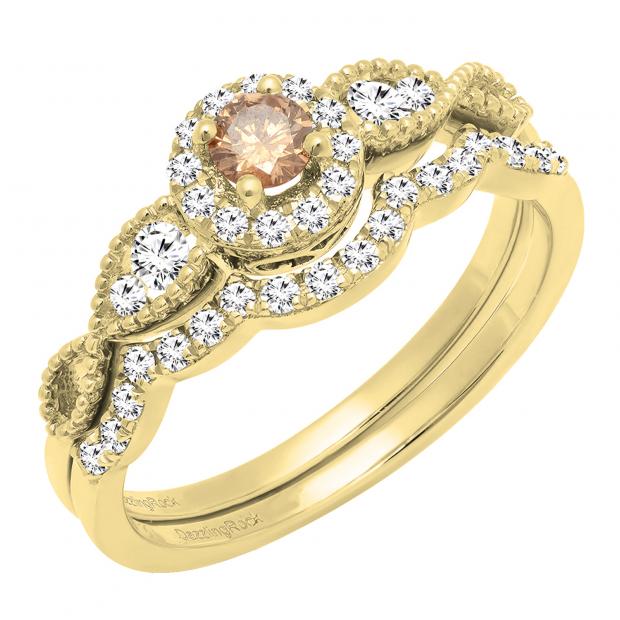 0.60 Carat (ctw) 14K Yellow Gold Round Champagne & White Diamond Ladies Vintage Engagement Ring Set