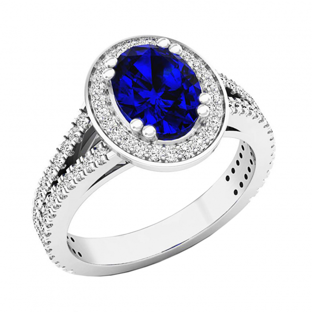 14K White Gold 8X6 MM Oval Blue Sapphire & Round Diamond Bridal Split Shank Halo Engagement Ring