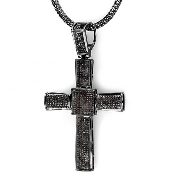3.15 Carat (ctw) Black Rhodium Plated Sterling Silver Round Black Diamond Ladies Cross Pendant