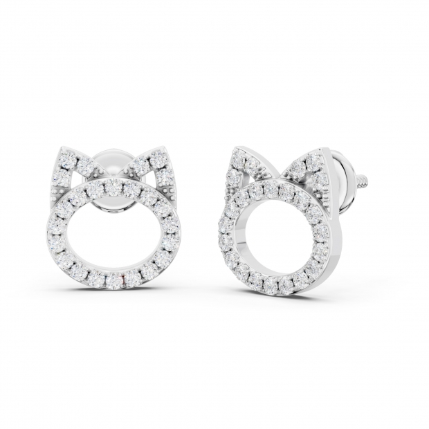 0.25 Carat (ctw) Round White Diamond Cat Ear Stud Earrings for Her (Color I-J Clarity I2-I3) in 925 Sterling Silver in Screw Back