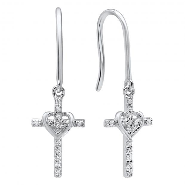 0.15 Carat (ctw) 14K White Gold Round White Diamond Ladies Cross & Heart Drop Earrings