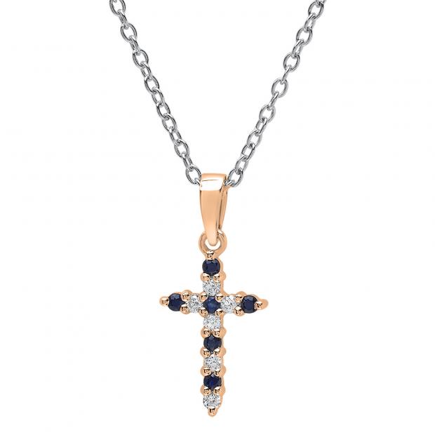 10K Rose Gold Round Blue Sapphire & White Diamond Ladies Cross Pendant