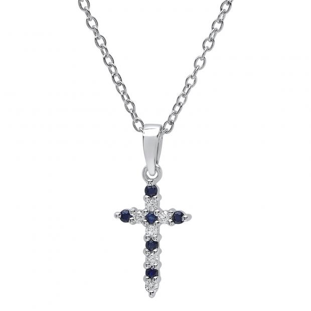 10K White Gold Round Blue Sapphire & White Diamond Ladies Cross Pendant