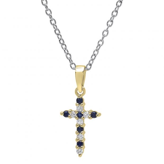 10K Yellow Gold Round Blue Sapphire & White Diamond Ladies Cross Pendant