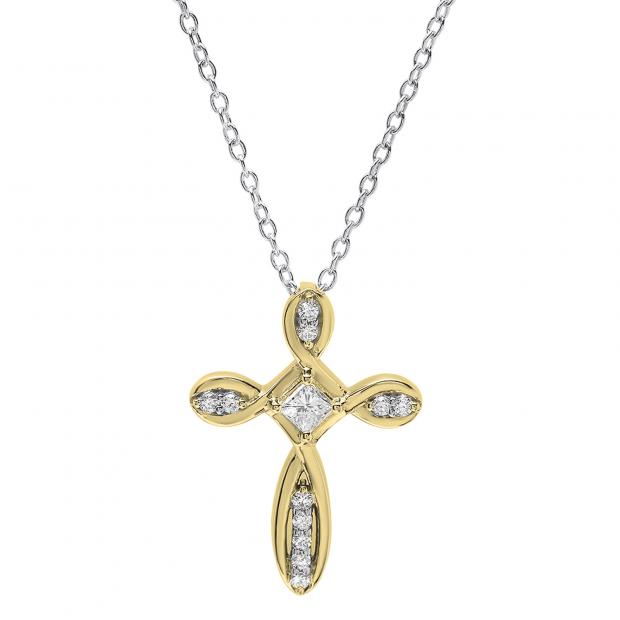 0.30 Carat (ctw) 10K Yellow Gold Princess & Round Diamond Ladies Looping Cross Pendant 1/3 CT
