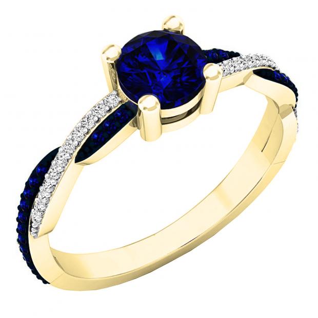 10K Yellow Gold Round Blue Sapphire & Diamond Ladies Swirl Split Shank Engagement Ring