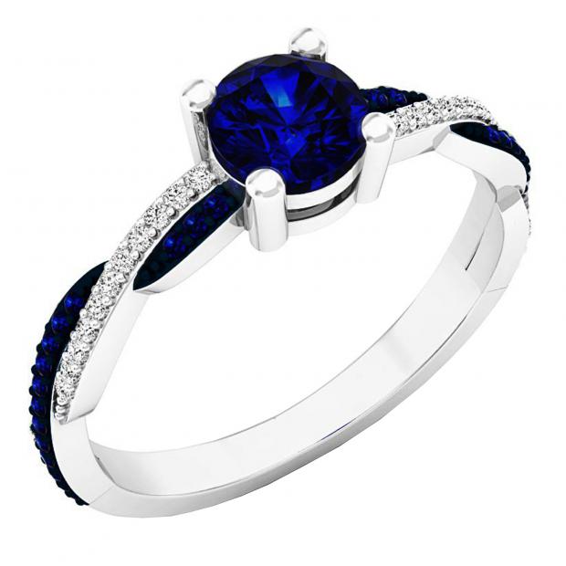 14K White Gold Round Blue Sapphire & Diamond Ladies Swirl Split Shank Engagement Ring