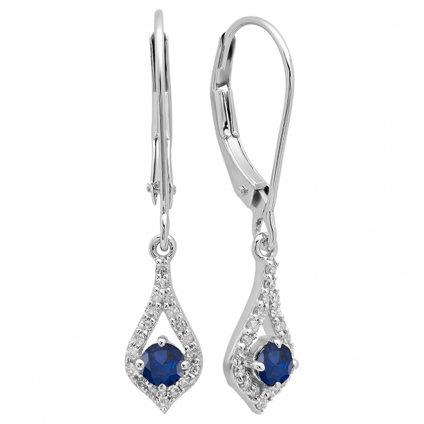14K White Gold Round Blue Sapphire & White Diamond Ladies Dangling Drop Earrings