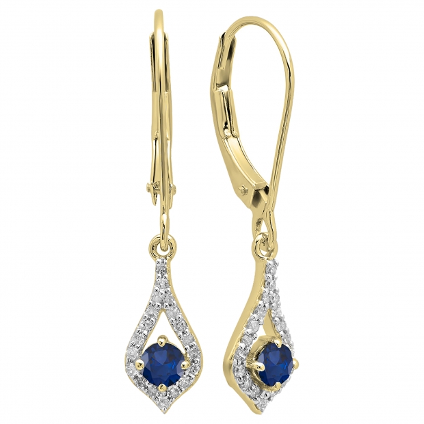 14K Yellow Gold Round Blue Sapphire & White Diamond Ladies Dangling Drop Earrings