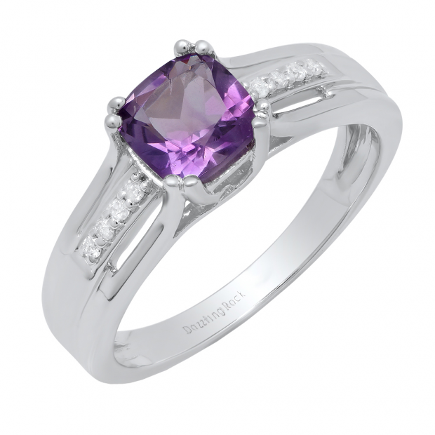 Sterling Silver 6 MM Cushion Amethyst & Round Diamond Ladies Bridal Engagement Ring