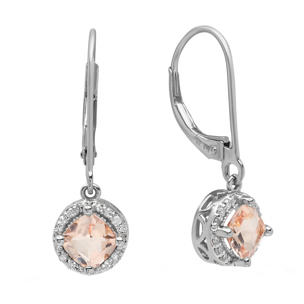 10K White Gold 5 MM Each Cushion Morganite & Round Diamond Ladies Halo Style Dangling Drop Earrings