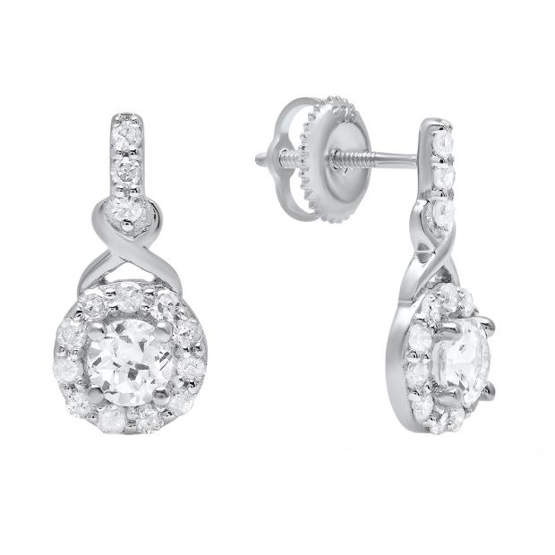 Sterling Silver 4 MM Each Round White Sapphire & Diamond Ladies Swirl Drop Earrings