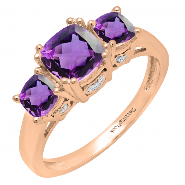 10K Rose Gold 6 MM Cushion Amethyst & Round Diamond Ladies Bridal 3 Stone Engagement Ring