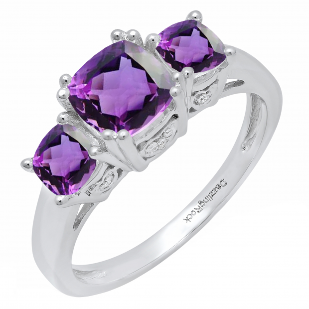 10K White Gold 6 MM Cushion Amethyst & Round Diamond Ladies Bridal 3 Stone Engagement Ring